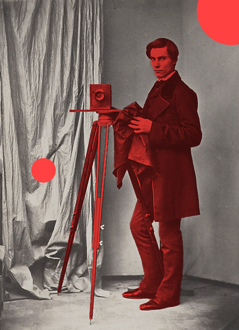 Old image of a man with a mirror camera, black and white with red highlights